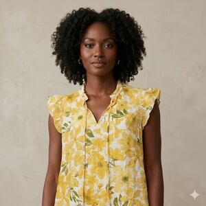 Haver London Yellow Floral Cottagecore Ruffle Sleeveless Top Women's L